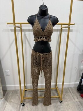Crochet 2 Piece Set Brown Knit Halter Top Pants Small Beach Cover Up